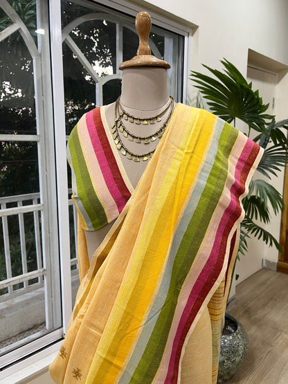 Butter Yellow Sunflower Field Saree | Handloom Bhujodi | Hand Embroidered Kutchwork | Yellow The Mirari Life