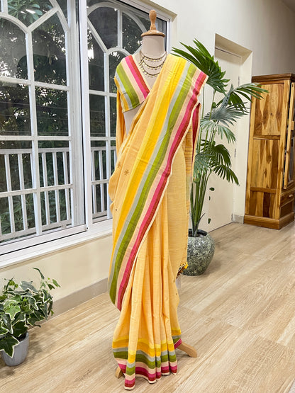 Butter Yellow Sunflower Field Saree | Handloom Bhujodi | Hand Embroidered Kutchwork | Yellow The Mirari Life