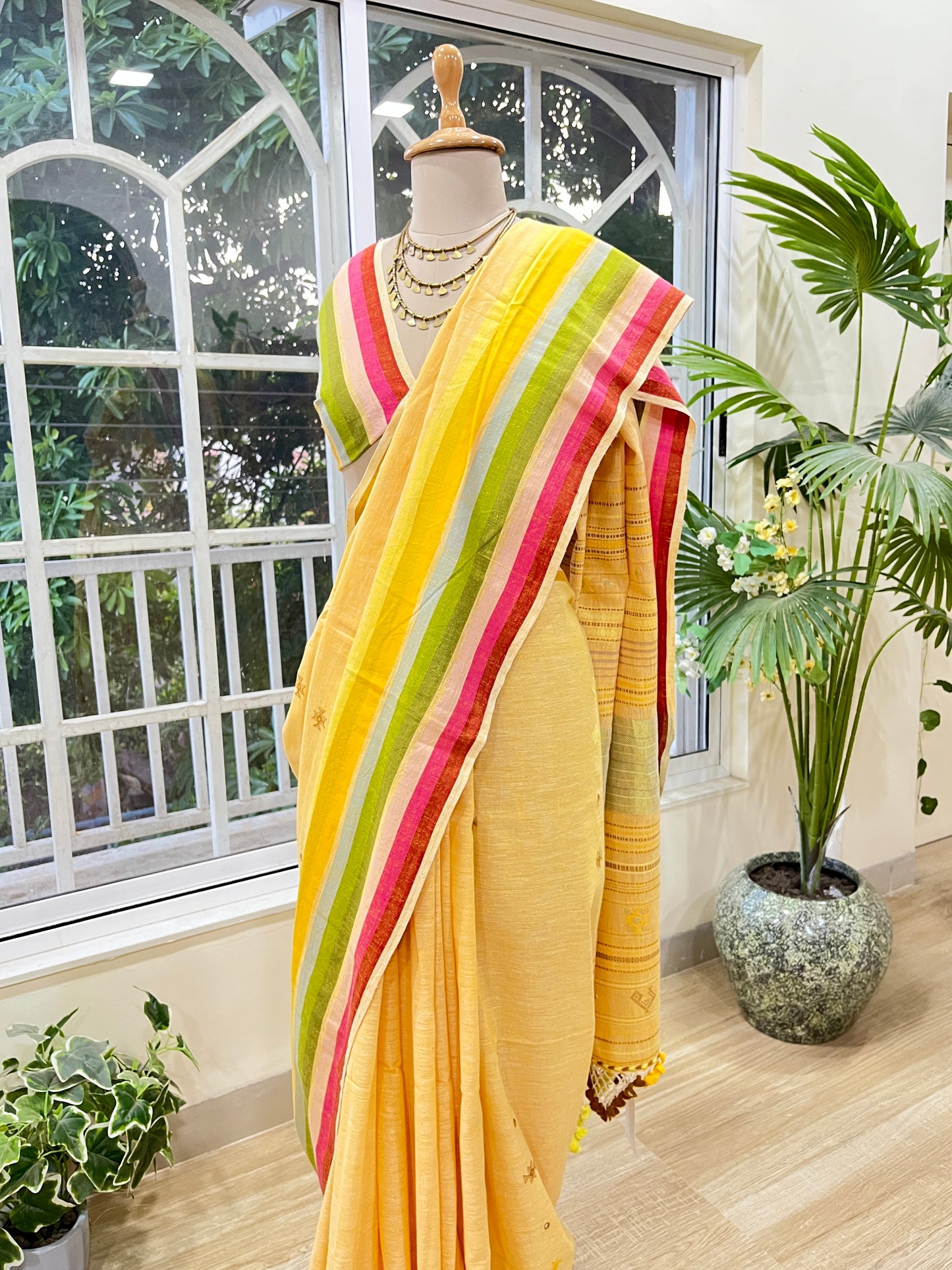 Butter Yellow Sunflower Field Saree | Handloom Bhujodi | Hand Embroidered Kutchwork | Yellow The Mirari Life