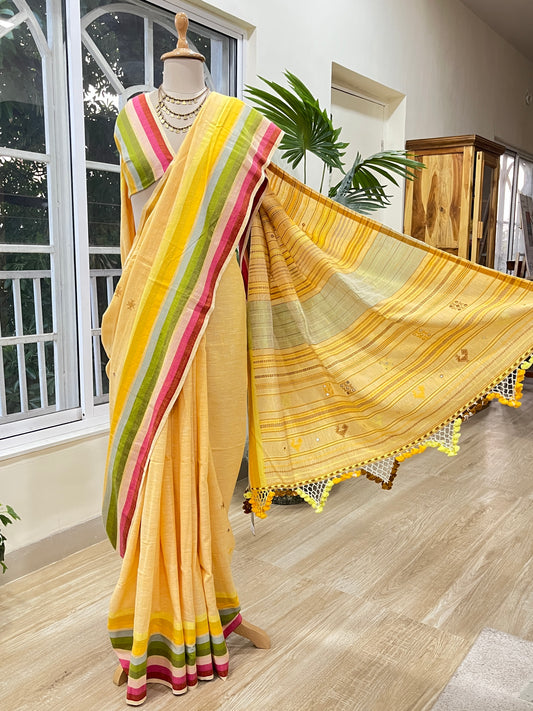 Butter Yellow Sunflower Field Saree | Handloom Bhujodi | Hand Embroidered Kutchwork | Yellow The Mirari Life