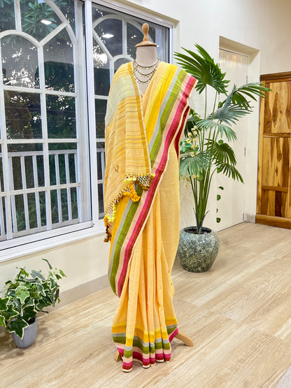 Butter Yellow Sunflower Field Saree | Handloom Bhujodi | Hand Embroidered Kutchwork | Yellow The Mirari Life