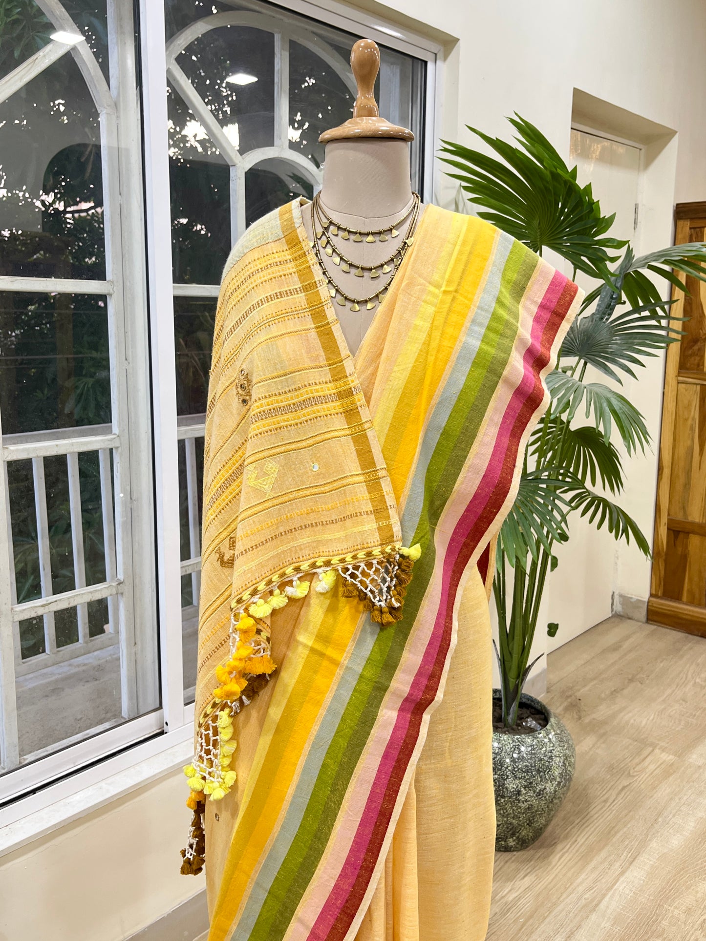 Butter Yellow Sunflower Field Saree | Handloom Bhujodi | Hand Embroidered Kutchwork | Yellow The Mirari Life