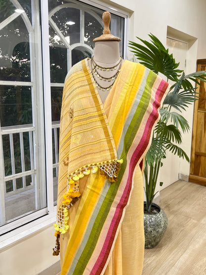Butter Yellow Sunflower Field Saree | Handloom Bhujodi | Hand Embroidered Kutchwork | Yellow The Mirari Life