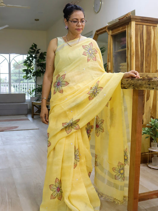 Keya Saree - Yellow Linen Large Lily Floral Embroidery Saree