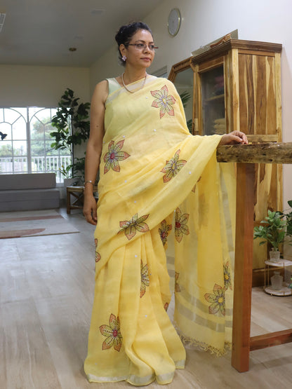Keya Saree - Yellow Linen Large Lily Floral Embroidery Saree