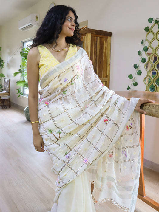 Saunira - Checkered & Floral Embroidered Linen Saree Dripping with Innocence