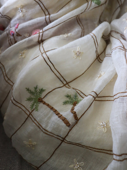 Saunira - Checkered & Floral Embroidered Linen Saree Dripping with Innocence