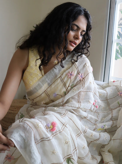 Saunira - Checkered & Floral Embroidered Linen Saree Dripping with Innocence