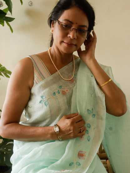 Nivedha - Ice Blue Linen Floral Embroidery Saree With Blouse Piece