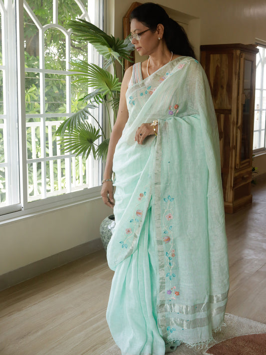 Nivedha - Ice Blue Linen Floral Embroidery Saree With Blouse Piece