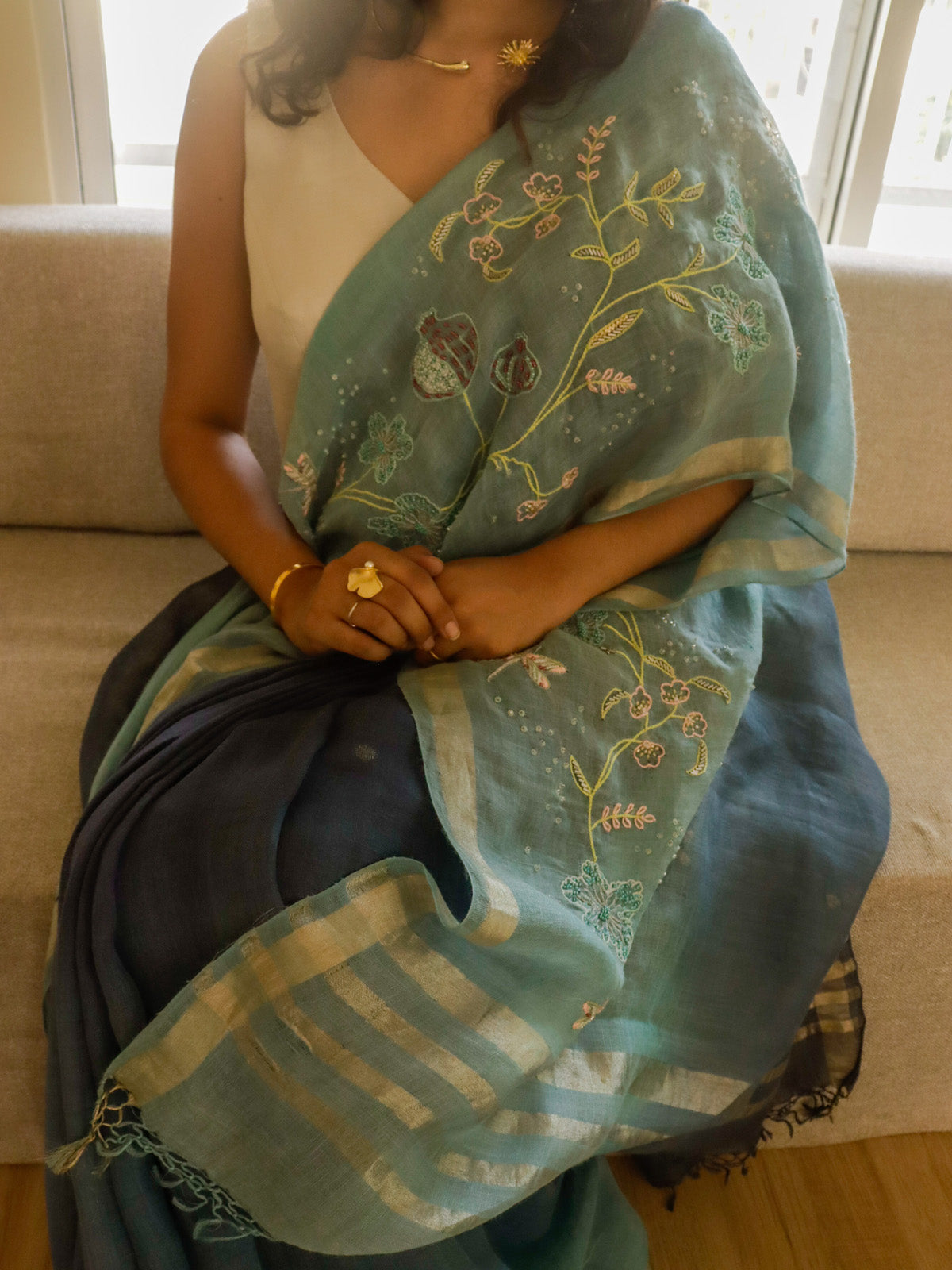 Sanjh - Dual Tone Blue Linen Dragonflies & Floral Embroidery Saree