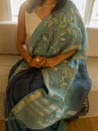 Sanjh - Dual Tone Blue Linen Dragonflies & Floral Embroidery Saree