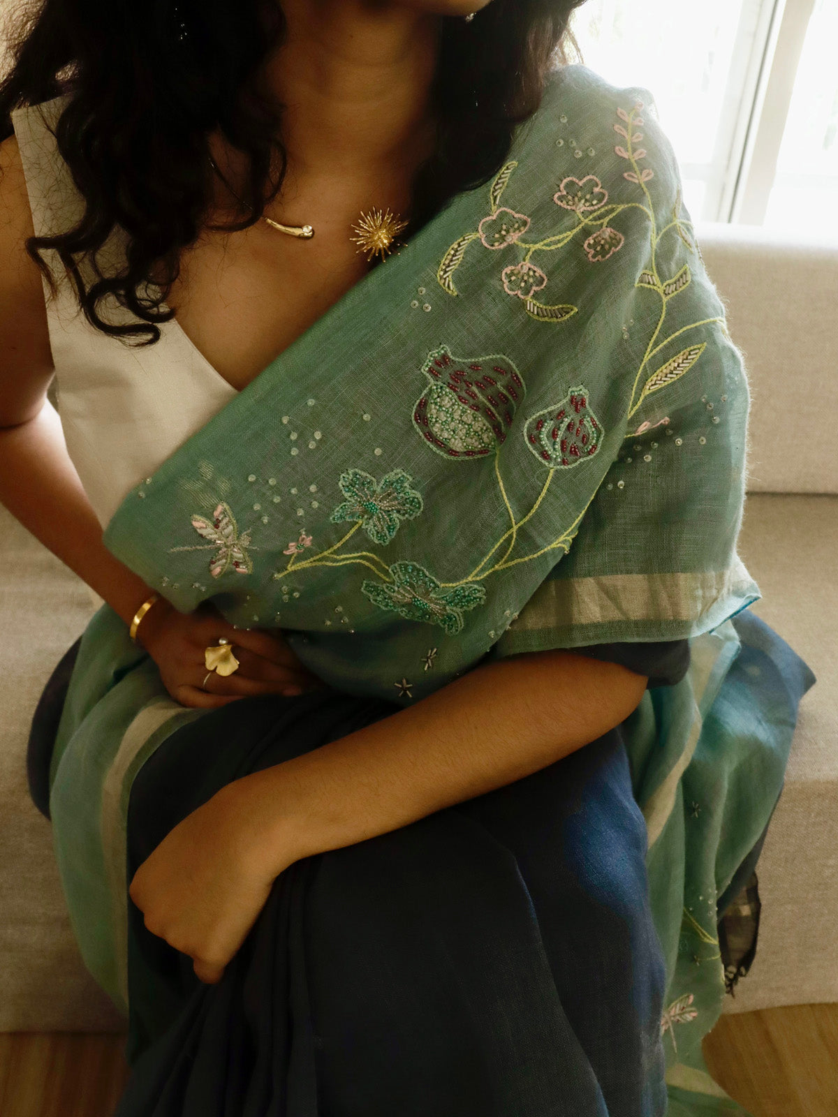 Sanjh - Dual Tone Blue Linen Dragonflies & Floral Embroidery Saree