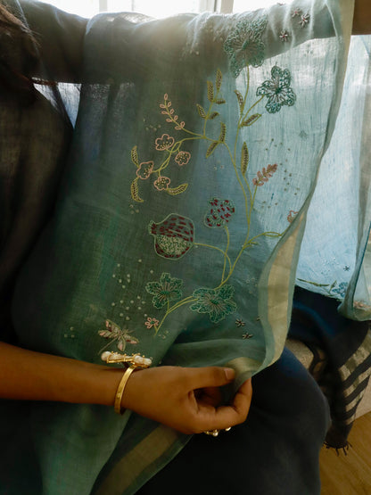 Sanjh - Dual Tone Blue Linen Dragonflies & Floral Embroidery Saree