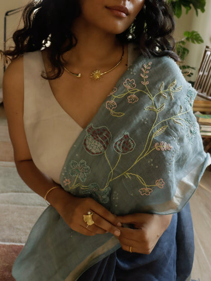 Sanjh - Dual Tone Blue Linen Dragonflies & Floral Embroidery Saree