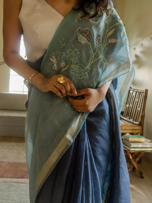 Sanjh - Dual Tone Blue Linen Dragonflies & Floral Embroidery Saree